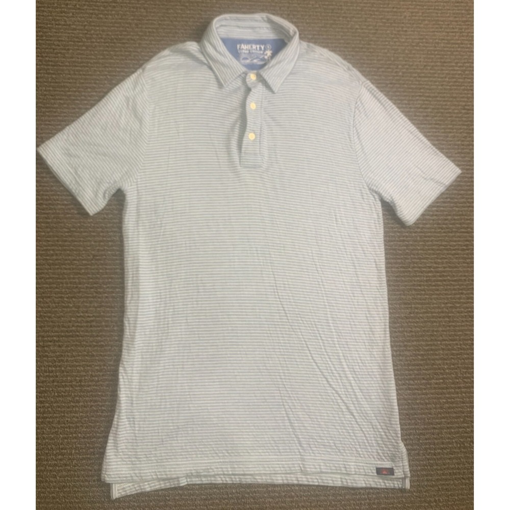 FAHERTY BRAND "Cloud Stripe" Jersey Polo Shirt, Men's Sz S Dune Blue Stripes